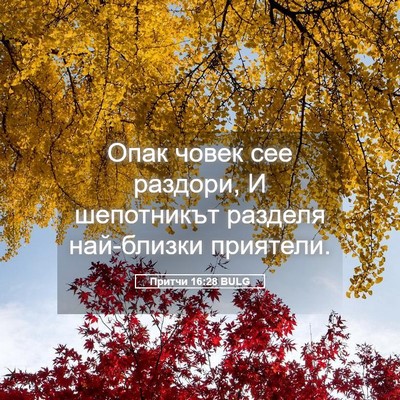 Picture 05 - Притчи 16:28 BULG - Опак човек сее раздори, И - Bible Verse Picture
