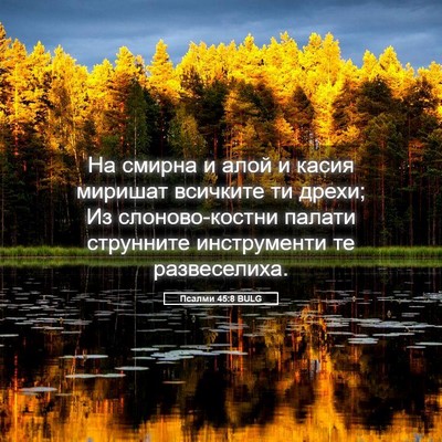 Picture 05 - Псалми 45:8 BULG - На смирна и алой и касия - Bible Verse Picture
