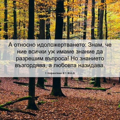 Picture 06 - 1 Коринтяни 8:1 BULG - А относно идоложертването: - Bible Verse Picture