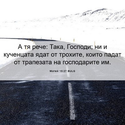 Picture 06 - Матей 15:27 BULG - А тя рече: Така, Господи; ни - Bible Verse Picture